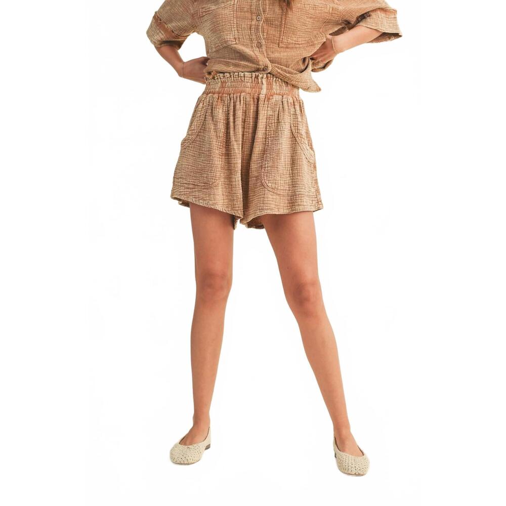 NEW MIOU MUSE anais double gauze relaxed high waisted shorts in toffee